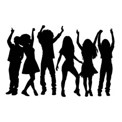 Silhouette happy young group party people together dancing, cheering crowd dance to the music at musical concert – stock vector