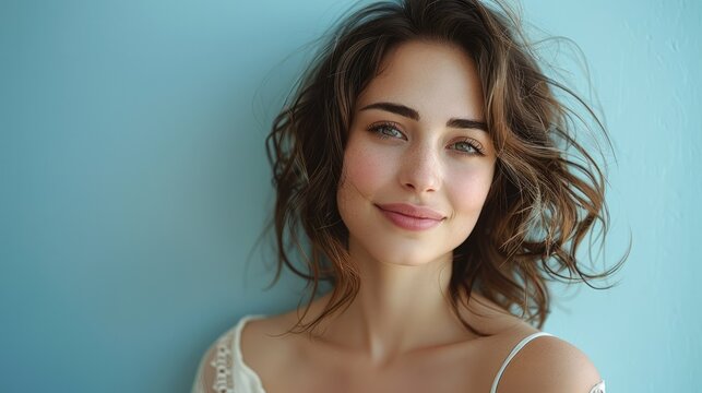 Beautiful woman with a sweet demure smile stands against a plain pale blue background. Generative AI.