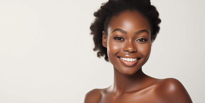 Une belle femme noire, heureuse et souriante, modèle de beauté, arrière-plan blanc, image avec espace pour texte.