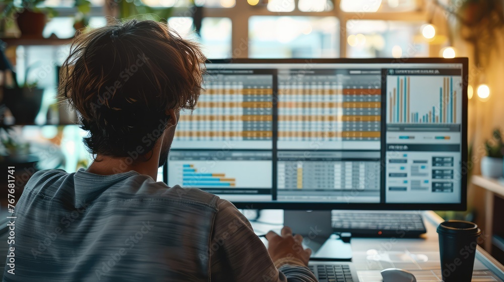 Poster Close-up of person reviewing a detailed budget spreadsheet on a computer screen. Generative AI.