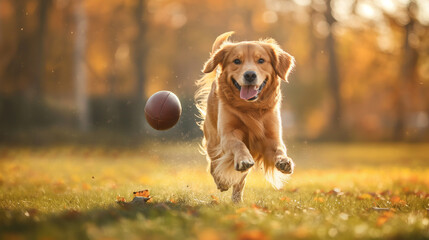 golden retriever running in the park playing with ball