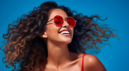 Une belle femme brune, heureuse et souriante portant des lunettes de soleil sous un beau ciel bleu d'été. - obrazy, fototapety, plakaty