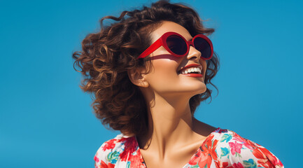 Une belle femme brune, heureuse et souriante portant des lunettes de soleil sous un beau ciel bleu d'été. - obrazy, fototapety, plakaty