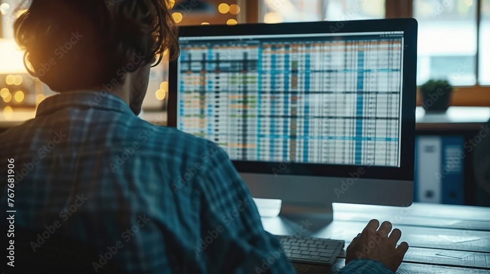 Fototapete close-up of person reviewing a detailed budget spreadsheet on a computer screen. generative ai.