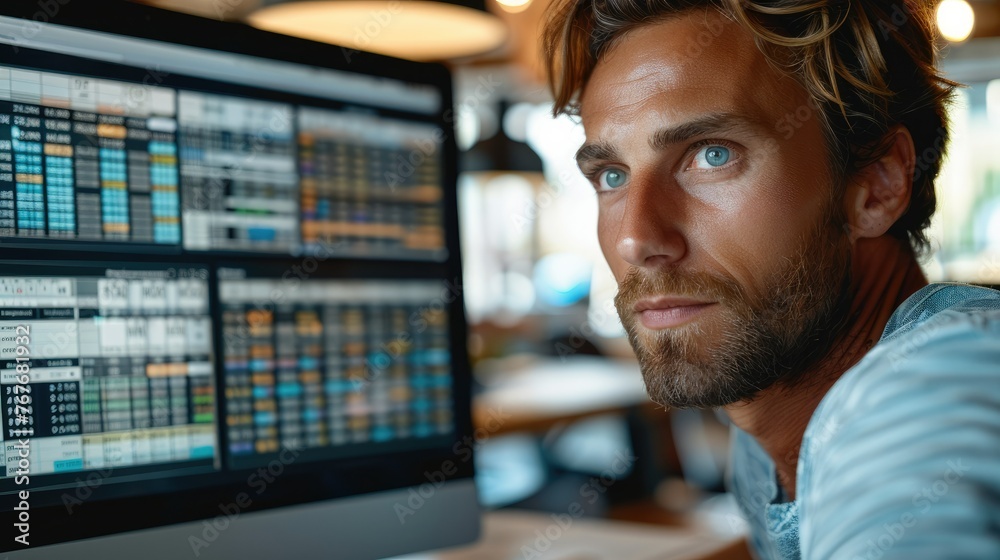 Poster close-up of person reviewing a detailed budget spreadsheet on a computer screen. generative ai.