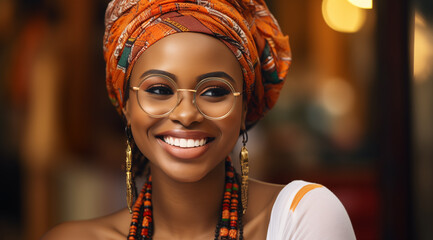 Une belle femme noire, heureuse et souriante portant un turban africain et des lunettes. - obrazy, fototapety, plakaty