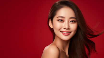Obraz premium Une belle jeune femme asiatique, heureuse et souriante, arrière-plan rouge, image avec espace pour texte.