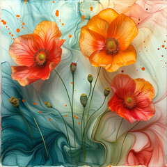 Tile with orange poppies on green background