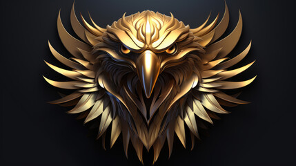 3d metallic gold eagle head on black beautiful texture background. Beautiful 3D print design for interior, wall, wallpaper, canvas. Video game logo