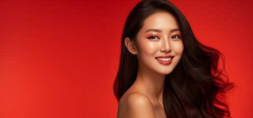 Une belle jeune femme asiatique, heureuse et souriante, arrière-plan rouge, image avec espace pour texte. - obrazy, fototapety, plakaty