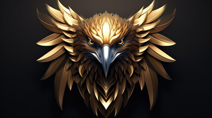 3d metallic gold eagle head on black beautiful texture background. Beautiful 3D print design for interior, wall, wallpaper, canvas. Video game logo