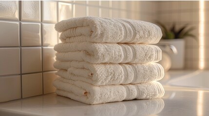 Stacked bathroom towels, cream palette, minimal. Generative AI.