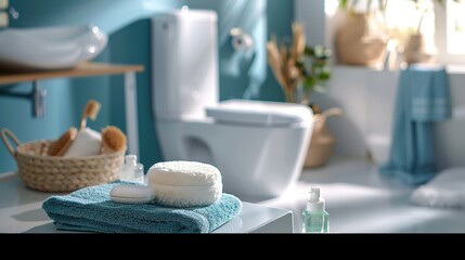 Fototapeta na wymiar A bathroom with a white toilet and blue towels. The towels are folded neatly and placed on a counter