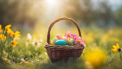 Fototapeta na wymiar Vibrant Easter Basket Overflowing with a Kaleidoscope of Colorful Eggs and Delicate Flower Decorations: Realistic Horizontal Illustration for Easter Celebrations and Festive Decorations