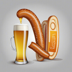Oktoberfest  illustration, beer mug and sausage colorful background - obrazy, fototapety, plakaty