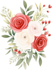 watercolor illustration pink, red, white Rose flower and green leaves. Florist bouquet, International Women's Day, Mother's Day, wedding flowers.