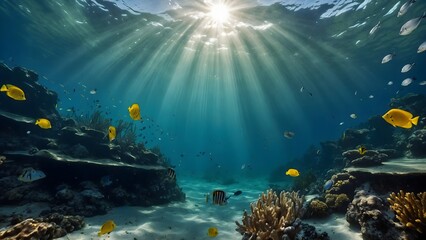 Fototapeta na wymiar realistic photo of the underwater world with the rays of the sun passing through the water