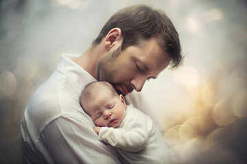 A portrait of a newborn cradled in their parent s arms, captured with a soft focus lens to evoke a dreamy atmosphere - obrazy, fototapety, plakaty
