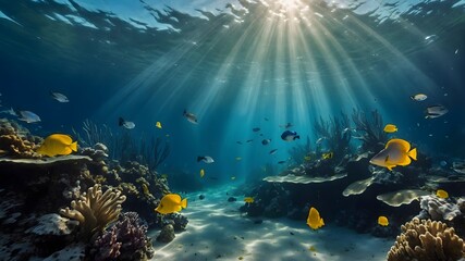 realistic photo of the underwater world with the rays of the sun passing through the water