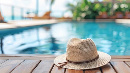 Straw Hat by the Poolside on Sunny Day