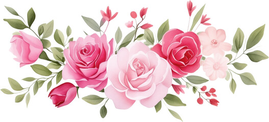 Naklejka premium watercolor illustration pink, red, white Rose flower and green leaves. Florist bouquet, International Women's Day, Mother's Day, wedding flowers.