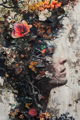 flowers and leaves on a grunge background surrounding a womans face