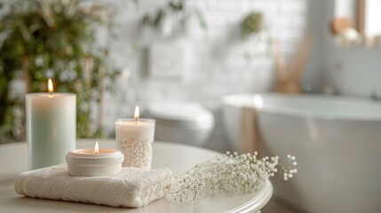 Fototapeta na wymiar A table with candles and a towel in front of a bathtub. Scene is calm and relaxing