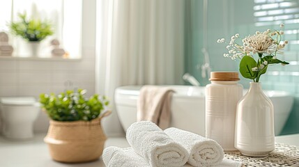 A bathroom with a white towel rack and a white towel rack with white towels. A vase with flowers sits on the counter - obrazy, fototapety, plakaty
