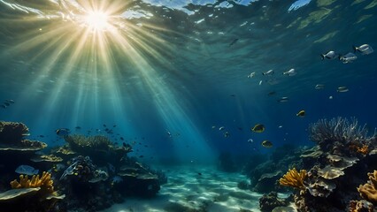 Fototapeta na wymiar realistic photo of the underwater world with the rays of the sun passing through the water