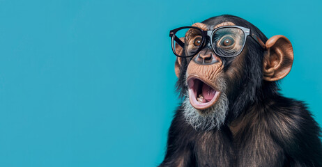 A baby monkey wearing glasses and an open mouth. Concept of curiosity and playfulness. Surprised chimpanzee wear glasses on bright blue background