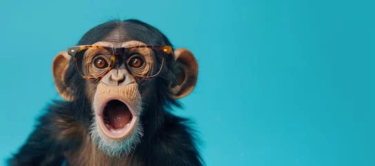 Foto auf Acrylglas A baby monkey wearing glasses and an open mouth. Concept of curiosity and playfulness. Surprised chimpanzee wear glasses on bright blue background © Nataliia_Trushchenko