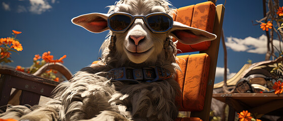 a sheep wearing sunglasses sitting in a chair