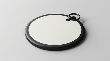 A white and black round object with a black rim. The keychain is made of metal and has a black and white design