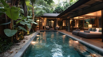 Luxurious Tropical Poolside Patio at Twilight