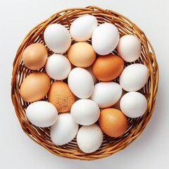 A basket full of eggs, some of which are white and some of which are brown. The basket is woven and has a rustic feel to it