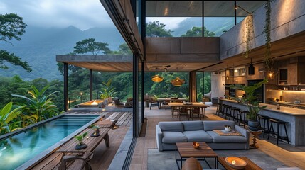 Modern Luxury Home Interior with Tropical Forest View