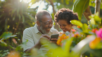 A joyful young person and a senior happily using a portable device together in a vibrant park, surrounded by lush greenery and colorful flowers.