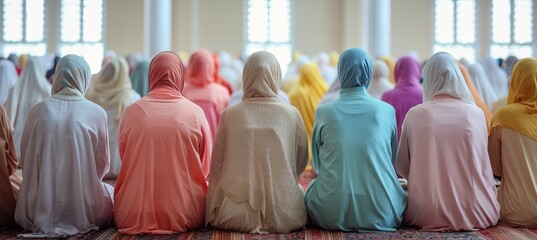 Back view Muslim woman praying at mosque. Generative AI technology.	
 - obrazy, fototapety, plakaty
