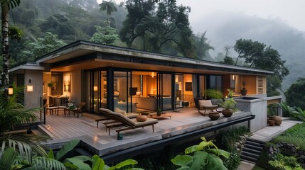 Modern House in Tropical Mountain Forest at Dusk