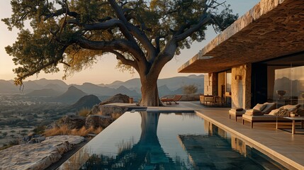 Luxurious Infinity Pool Overlooking Mountainous Landscape at Sunset