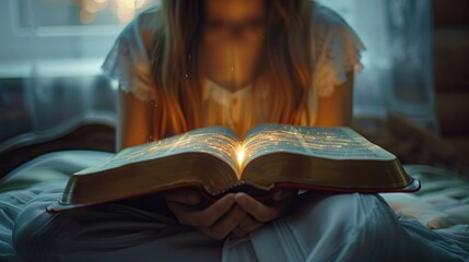 A woman is holding an open book with a light shining through it. The light is glowing and illuminating the pages of the book. Concept of wonder and curiosity - obrazy, fototapety, plakaty