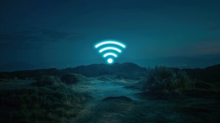 A glowing wifi symbol is lit up in the night sky. Concept of connectivity and the importance of staying connected in today's world - obrazy, fototapety, plakaty