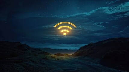 A wifi symbol is lit up in the night sky. The image has a moody and mysterious feel to it, as if it's a scene from a sci-fi movie