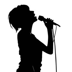 Female singer holding microphone silhouette on white background vector