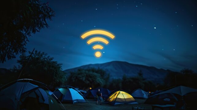 A group of tents are set up in a field with a wifi symbol in the sky. Scene is peaceful and serene, as people are enjoying the outdoors and staying connected through the internet