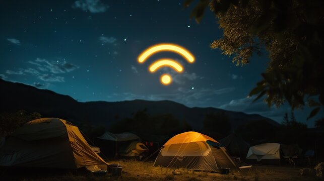 A group of tents are set up in a field with a wifi symbol in the sky. The scene is peaceful and serene, with the stars shining brightly above