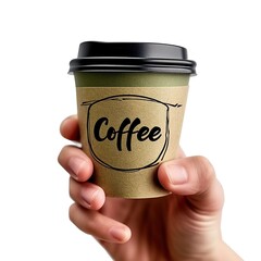 A hand holding a coffee cup with the word coffee written on it. The cup is brown and has a black lid