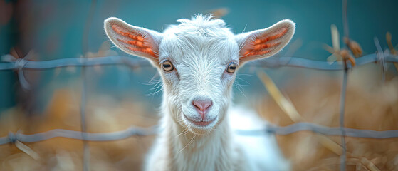 a goat that is looking at the camera through a fence - Powered by Adobe