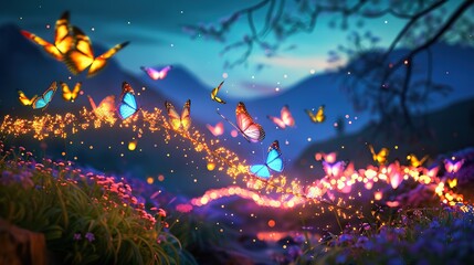 A colorful butterfly display with many different colored butterflies flying around. The butterflies are in a field with a mountain in the background