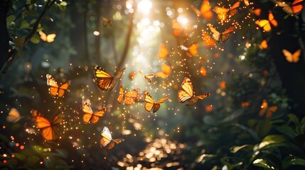 A group of butterflies are flying through a forest, with the sun shining brightly on them. The scene is peaceful and serene, with the butterflies creating a sense of movement and life in the forest